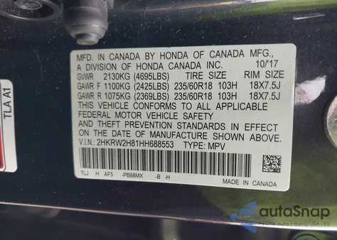 2017 Honda Cr-V Ex-L/Ex-L Navi from USA, damaged, VIN 2HKRW2H81HH688553